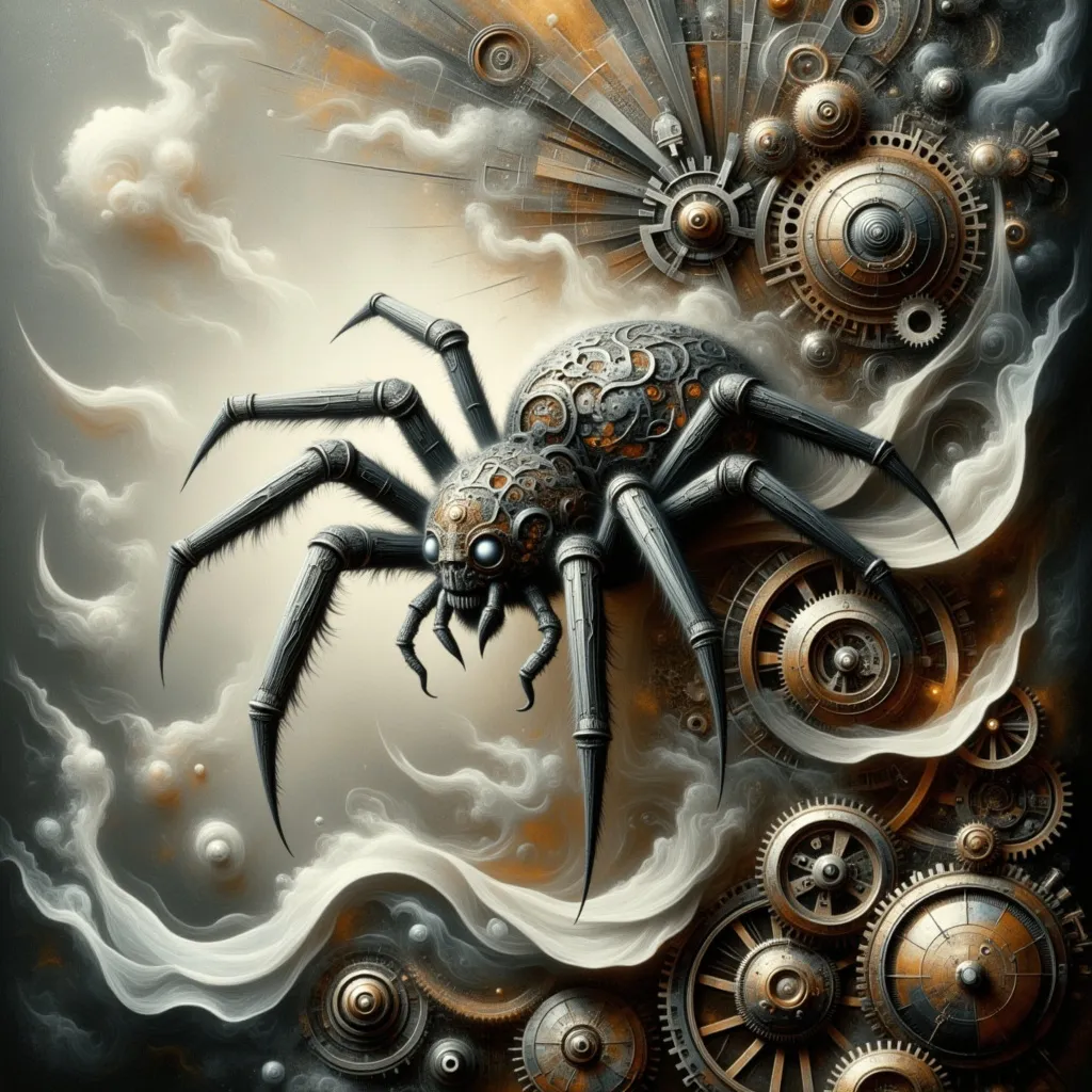 Prompt: Transparent paper web, ethereal steampunk minimalism, mechanical spider, Victorian ink pen, monochrome palette, dark tones, high contrast, intricate details, atmospheric background, shadows playing over surfaces, delicate yet robust feel, ultra-detailed, high quality, cinematic depth, reflecting the blend of nature and Victorian technology, enhancing the mysterious mood, elegant simplicity in composition.