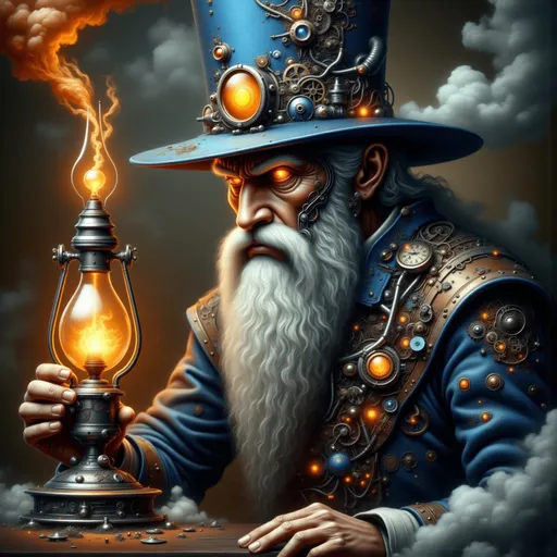 Prompt: Create a powerful image of [Gandolf the Grey ] in the style of [ Victorian] steampunk [surreal ], with a [cyberpunk ] with a [oil lamp] . Use a monochrome palette dominated by dark tones, complemented by striking highlights of vibrant orange, cobalt blue, and copper for contrast.  Focus on a sleek and modern design with a minimalist aesthetic to ensure clarity and impact. Incorporate smooth, rounded, and soft-edged patterns to highlight the interaction between the divine and the mechanical elements of the [ Victorian Architecture ].   Aim for a dramatic atmosphere with high-contrast lighting that conveys both [night ] and the [soft light ]. Use mixed media techniques to blend organic textures with steampunk machinery, creating a sense of both elegance and tension.  Symbolic References: Subtly incorporate elements that represent [ culture ], [hero ] and [old tech ].  Emotional Tone: Convey a deep sense of [ deep thought ]  and unease through dramatic shadow contrasts and atmospheric lighting.