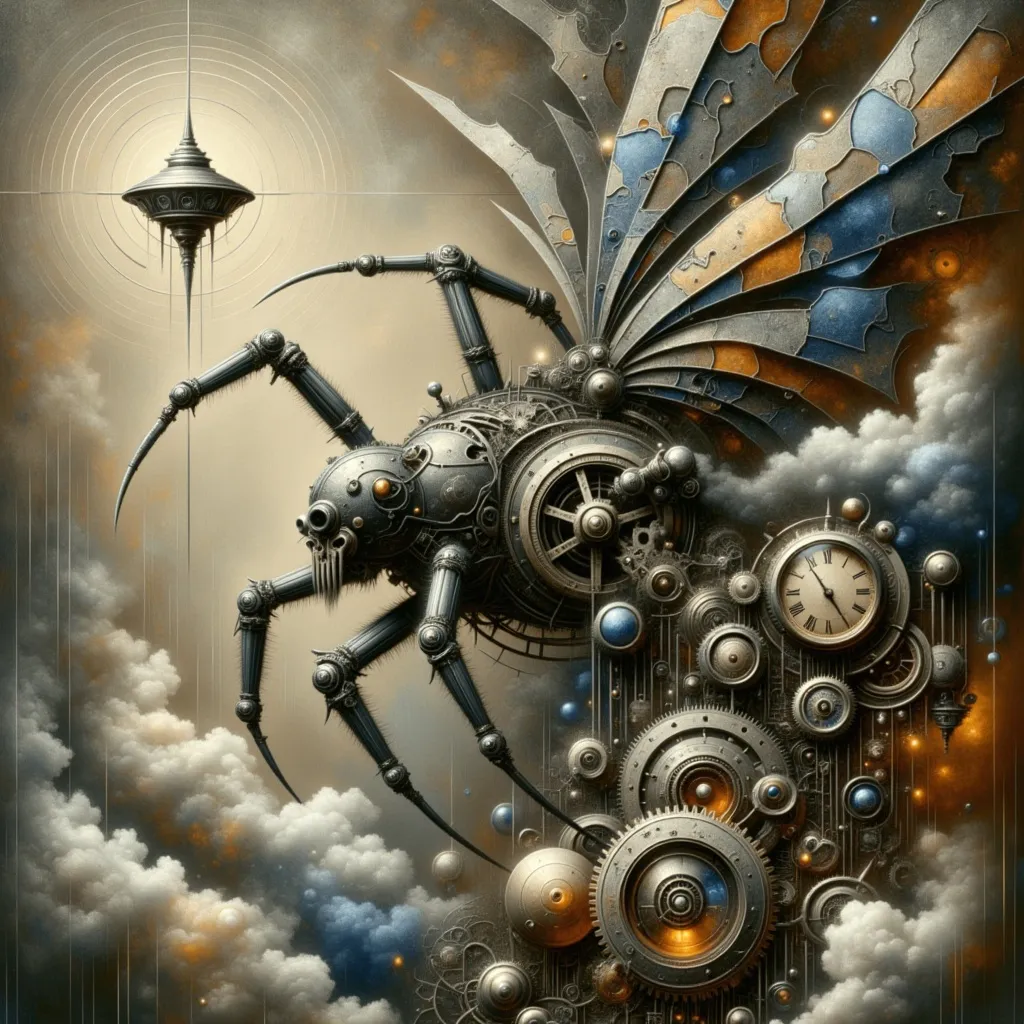 Prompt: Transparent paper web, ethereal steampunk minimalism, mechanical spider, Victorian ink pen, monochrome palette, dark tones, high contrast, intricate details, atmospheric background, shadows playing over surfaces, delicate yet robust feel, ultra-detailed, high quality, cinematic depth, reflecting the blend of nature and Victorian technology, enhancing the mysterious mood, elegant simplicity in composition.