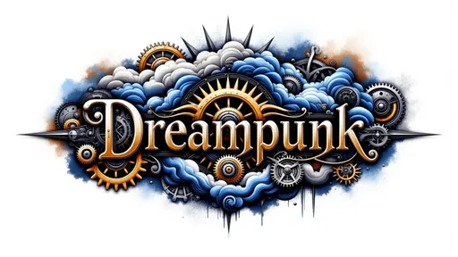 Prompt: Logo design for "Dreampunk", blending steampunk and dream-like aesthetics, whimsical gears intertwined with ethereal clouds, featuring a mystical color palette of deep cobalt blues and shimmering  golds, elegant flowing typography to embody imagination, high-quality, modern and artistic, emphasizing creativity and fantasy. Black background. 