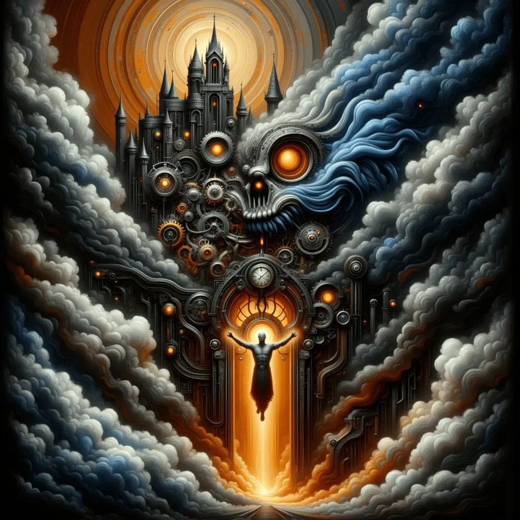 Prompt: Create a powerful image of [Midevil Castle ] in the style of [Victorian Gothic ] steampunk [Fantastical Realism ], with a [Dadaism ] with a [Art Nouveau ] . Use a monochrome palette dominated by dark tones, complemented by striking highlights of oil orange, metalic cobalt blue, and burnt copper for contrast.  Focus on a sleek and modern design with a minimalist aesthetic to ensure clarity and impact. Incorporate smooth, rounded, and soft-edged patterns to highlight the interaction between the divine and the mechanical elements of the [Iron Doors ].   Aim for a dramatic atmosphere with high-contrast lighting that conveys both [Symbolism ] and the [Folk Art ]. Use mixed media techniques to blend organic textures with steampunk machinery, creating a sense of both elegance and tension.  Symbolic References: Subtly incorporate elements that represent [Fear ], [Love ] and [Beauty ].  Emotional Tone: Convey a deep sense of [Architectural Details  ]  and unease through dramatic shadow contrasts and atmospheric lighting.