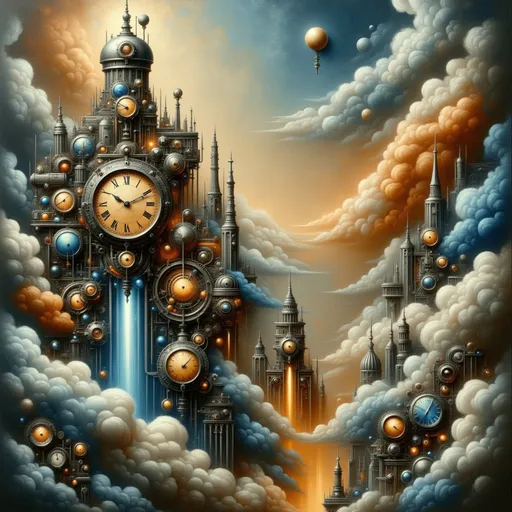 Prompt: Surreal 3D oil painting of a minimalist futuristic cityscape, 4K, suspended in clouds, sleek steam-powered structures meld with organic forms, floating gardens adorned with vivid colors, luminous pathways illuminating the scene, dreamlike atmosphere, panoramic view exuding a sense of wonder and tranquility, captivating details and ethereal light effects.