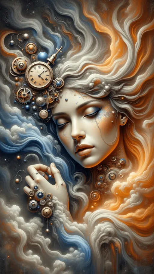 Prompt: Create a powerful image of [woman ] in the style of [surreal ] steampunk [abstract ], with a [dreamlike ] with a [pastel ] . Use a monochrome palette dominated by dark tones, complemented by striking highlights of vibrant orange, cobalt blue, and copper for contrast.  Focus on a sleek and modern design with a minimalist aesthetic to ensure clarity and impact. Incorporate smooth, rounded, and soft-edged patterns to highlight the interaction between the divine and nightmare.   Aim for a dramatic atmosphere with high-contrast lighting that conveys both [beauty ] and the [nightmare ]. Use mixed media techniques to blend organic textures with steampunk machinery, creating a sense of both elegance and tension.  Symbolic References: Subtly incorporate elements that represent [classical], [modern ] and [futuristic ].  Emotional Tone: Convey a deep sense of [Peace ]  and unease through dramatic shadow contrasts and atmospheric lighting.