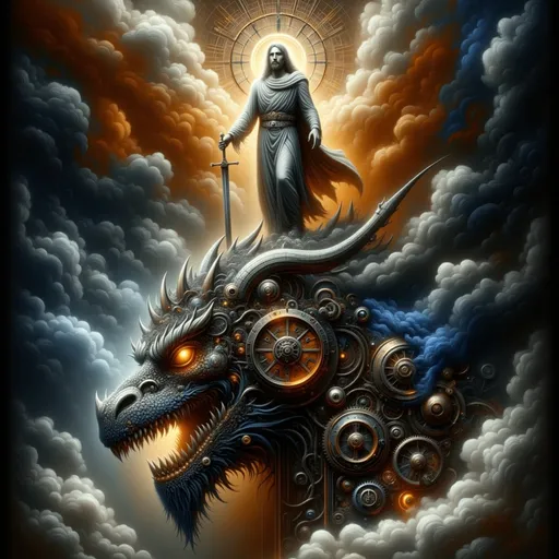 Prompt: Create a powerful image of Jesus Christ standing triumphantly on the head of a defeated steampunk dragon, with a sword piercing through the dragon's skull. Use a monochrome palette dominated by dark tones, complemented by striking highlights of vibrant orange, cobalt blue, and copper for contrast.
Focus on a sleek and modern design with a minimalist aesthetic to ensure clarity and impact. Incorporate smooth, rounded, and soft-edged patterns to highlight the interaction between the divine and the mechanical elements of the dragon. 
Aim for a dramatic atmosphere with high-contrast lighting that conveys both victory and the dragon's malfunction and defeat. Use mixed media techniques to blend organic textures with steampunk machinery, creating a sense of both elegance and tension.
Symbolic References: Subtly incorporate elements that represent triumph, struggle, and transformation.
Emotional Tone: Convey a deep sense of determination and unease through dramatic shadow contrasts and atmospheric lighting.
