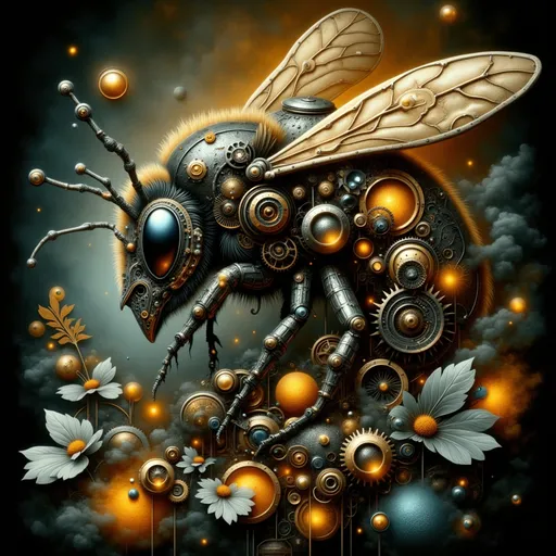 Prompt: Create a powerful image of [bumble bee ] in the style of [minimalist ] steampunk [decoart ], with a [gold honeycomb ] with a [field of flowers ] . Use a monochrome palette dominated by dark tones, complemented by striking highlights of vibrant yellow, metallic green, cobalt blue, and copper for contrast.  Focus on a sleek and modern design with a minimalist aesthetic to ensure clarity and impact. Incorporate smooth, rounded, and soft-edged patterns to highlight the interaction between the divine elements of the [forest ].   Aim for a dramatic atmosphere with high-contrast lighting that conveys both [realism ] and the [fantasy ]. Use mixed media techniques to blend organic textures with steampunk machinery, creating a sense of both elegance and tension.  Symbolic References: Subtly incorporate elements that represent [nature ], [technology ] and [ spiritual ].  Emotional Tone: Convey a deep sense of [power ]  and unease through dramatic shadow contrasts and atmospheric lighting.