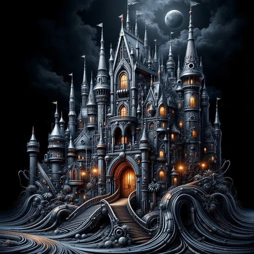 Prompt: Intricate futuristic cyberpunk medieval castle, crafted entirely from wire elements, featuring ornate railings, towering spires, and delicate decorative arches. A grand entrance adorned with detailed wrought-iron accents, showcasing 3D winding stairs. The scene is enveloped in a moody, dramatic atmosphere, highlighted by cool metallic tones reflecting shimmering light, ultra-detailed design, with gothic style windows enhancing the majestic structure.