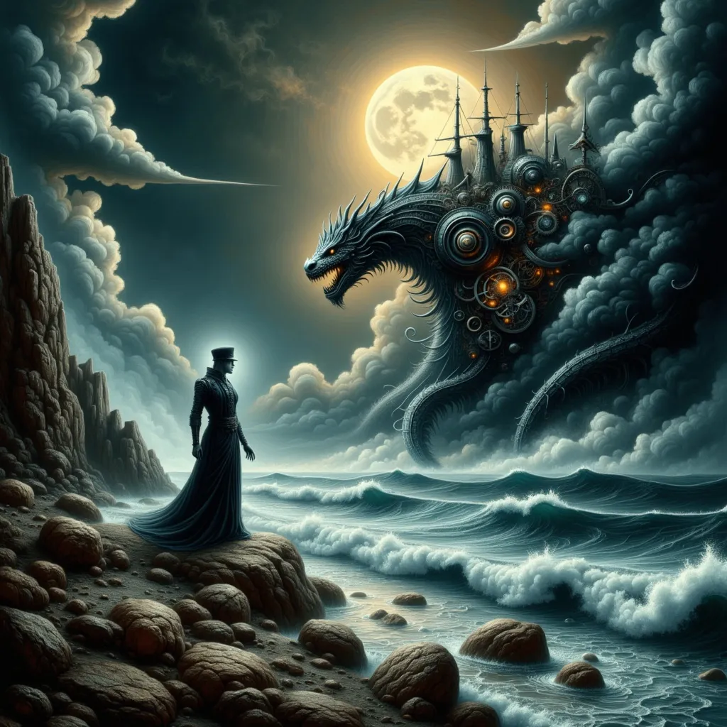 Prompt: Dark Fantasy, a reclusive sorceress on cold, desolate shores of a midnight blue sea, shadowy waves crashing, mysterious and ominous atmosphere, transformed into a fearsome sea serpent, full moon illuminating the scene, daring sailor approaching cautiously, haunting landscape, sinister plot unfolding, dark clouds looming overhead, sharp contrasts of light and shadow, high detail, a captivating scene filled with tension and intrigue.