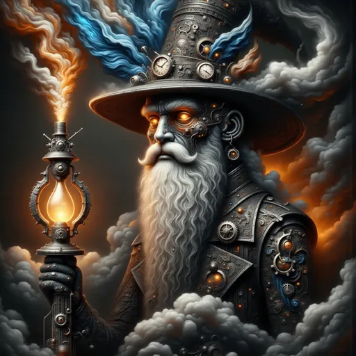 Prompt: Create a powerful image of [Gandolf the Grey ] in the style of [ Victorian] steampunk [surreal ], with a [cyberpunk ] with a [oil lamp] . Use a monochrome palette dominated by dark tones, complemented by striking highlights of vibrant orange, cobalt blue, and copper for contrast.  Focus on a sleek and modern design with a minimalist aesthetic to ensure clarity and impact. Incorporate smooth, rounded, and soft-edged patterns to highlight the interaction between the divine and the mechanical elements of the [ Victorian Architecture ].   Aim for a dramatic atmosphere with high-contrast lighting that conveys both [night ] and the [soft light ]. Use mixed media techniques to blend organic textures with steampunk machinery, creating a sense of both elegance and tension.  Symbolic References: Subtly incorporate elements that represent [ culture ], [hero ] and [old tech ].  Emotional Tone: Convey a deep sense of [ deep thought ]  and unease through dramatic shadow contrasts and atmospheric lighting.