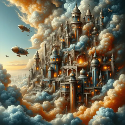 Prompt: 3D winding city suspended among the clouds, intricately designed steampunk buildings, airships navigating between towers, dream-like creatures soaring above, vibrant colors reflecting whimsical nature, fantastical world, billowing clouds, ethereal ambiance, high detail, 4K quality, dramatic lighting, intricate textures, imaginative and enchanting, surreal atmosphere, vibrant palette, cinematic masterpiece.