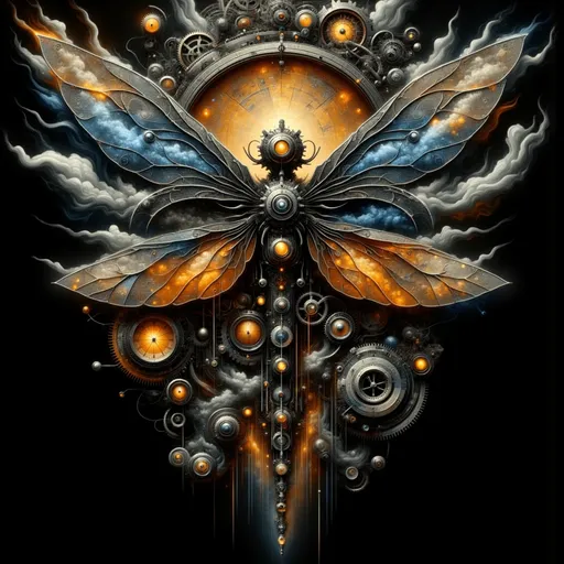 Prompt: Create a powerful image of [ dragonfly ] in the style of [abstract ] steampunk [art deco ], with a [butterfly ] with a [crow ] . Use a monochrome palette dominated by dark tones, complemented by striking highlights of vibrant orange, cobalt blue, and copper for contrast.  Focus on a sleek and modern design with a minimalist aesthetic to ensure clarity and impact. Incorporate smooth, rounded, and soft-edged patterns to highlight the interaction between the divine and the mechanical elements of the [nature ].   Aim for a dramatic atmosphere with high-contrast lighting that conveys both [dark ] and the [light ]. Use mixed media techniques to blend organic textures with steampunk machinery, creating a sense of both elegance and tension.  Symbolic References: Subtly incorporate elements that represent [beauty ], [love ] and [ visual elegance ].  Emotional Tone: Convey a deep sense of [wisdom ]  and unease through dramatic shadow contrasts and atmospheric lighting.