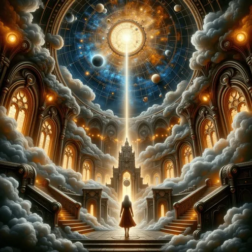 Prompt: Celestial observatory, breathtaking stained glass ceiling depicting the cosmos, dreamlike atmosphere, Gothic arches complemented by cyberpunk metallic details, elegant design, ethereal soft lighting casting gentle glows, intricate artistic motifs, heavenly ambiance, high quality, ultra-detailed, surreal spectacle, enchanting space where science meets art.