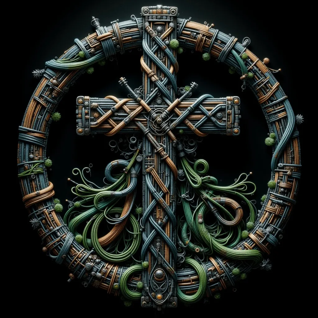 Prompt: Celtic wire knotted cross, intricately woven texture, elaborate geometric patterns, lush emerald greens, deep forest browns, ancient and mystical atmosphere, slender elegant form, intricate details, harmonious blend of nature and spirituality, centered composition, high-resolution, ultra-detailed, showcasing the skill of craftsmanship, soft diffused lighting enhancing the textures. Celtic Knotted Cross Icon. 