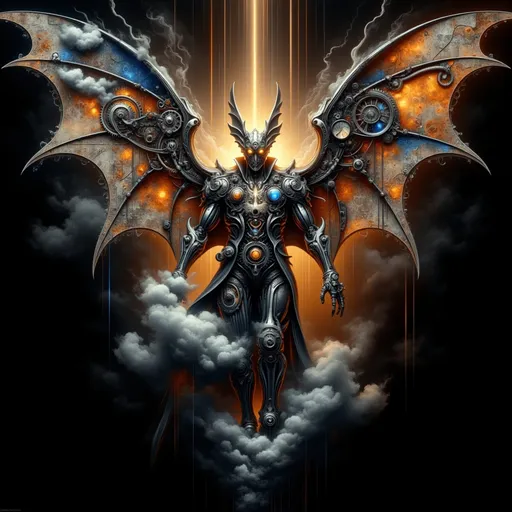 Prompt: Create a powerful image of a[bat ] in the style of [ ethereal ] steampunk [digital ], with a [kinetic ] with a [ cybernetic ] . Use a monochrome palette dominated by dark tones, complemented by striking highlights of vibrant orange, cobalt blue, and copper for contrast.  Focus on a sleek and modern design with a minimalist aesthetic to ensure clarity and impact. Incorporate smooth, rounded, and soft-edged patterns to highlight the interaction between the divine and the mechanical elements of the [ wings].   Aim for a dramatic atmosphere with high-contrast lighting that conveys both [ technology ] and the [ whimsical ]. Use mixed media techniques to blend organic textures with steampunk machinery, creating a sense of both elegance and tension.  Symbolic References: Subtly incorporate elements that represent [ animal ], [electric ] and [ audio ].  Emotional Tone: Convey a deep sense of [ ]  and unease through dramatic shadow contrasts and atmospheric lighting.