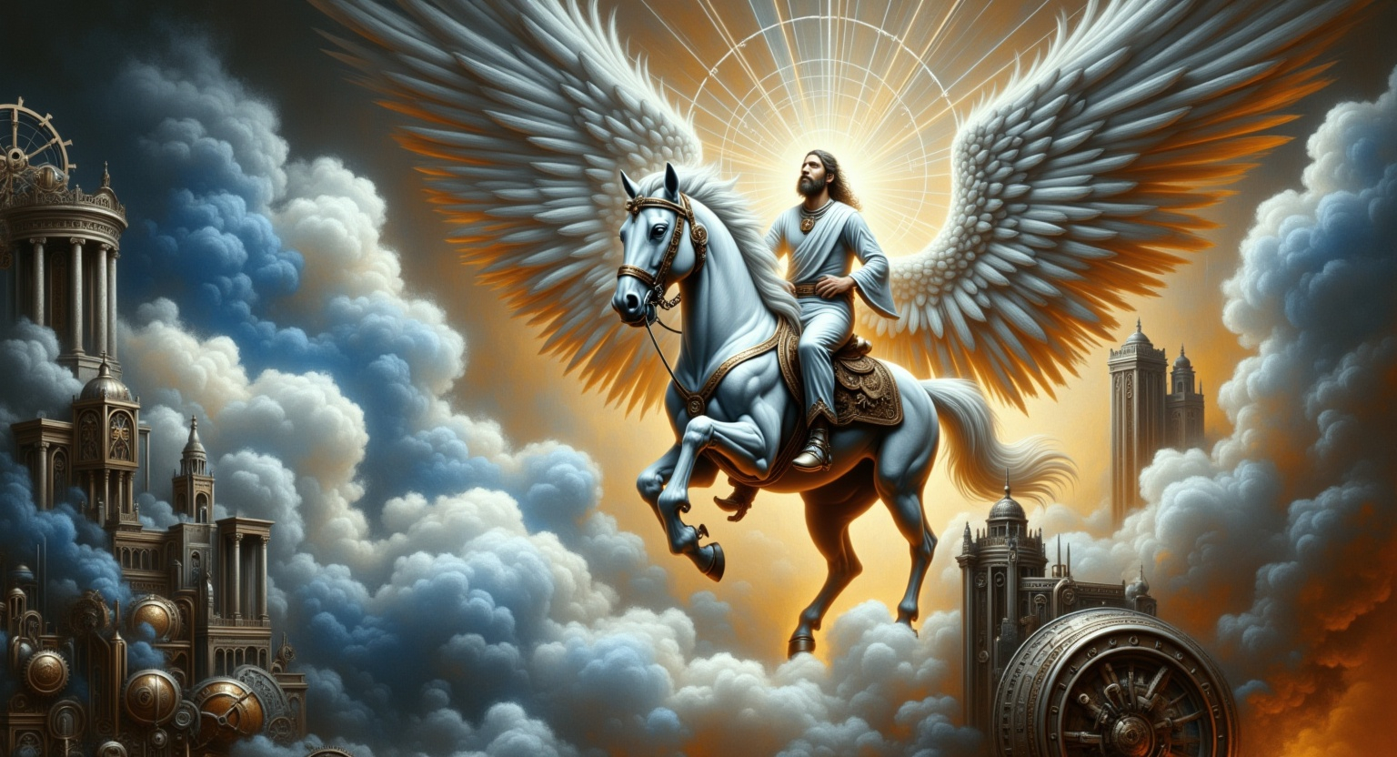 Prompt: Heavenly scene of Jesus riding a majestic white horse, triumphant in clouds, rich gold and bold highlights of deep blues and fiery oranges, dramatic and awe-inspiring atmosphere, ethereal light cascading from above, masterpiece oil painting style, ultra-detailed, captivating brushstrokes, a vision of divine victory, angelic presence in a celestial realm.