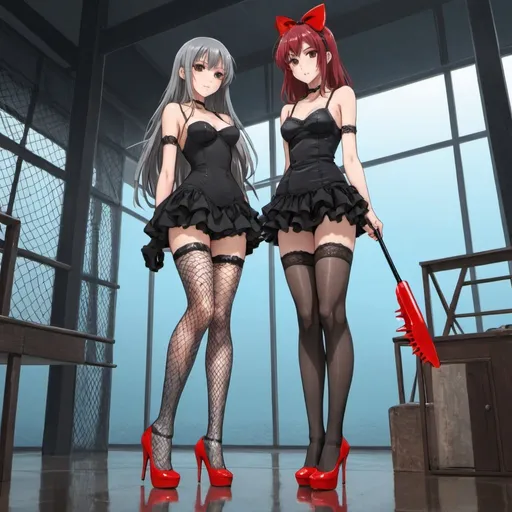 Prompt: Anime girl in grey thigh high stocks and black high heels stand next to another girl with fish net stocks with red high heels