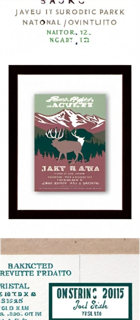 Prompt: Create a 5x7 inch wedding invitation that is inspired by vintage national park posters. Include mountains and elk silhouettes. Make it white blue green brown based color palette. Our names are Erica & Jay. Our date is Friday Sept 12 2025. Our venue is Breckenridge Nordic Center in Breckenridge Colorado. 