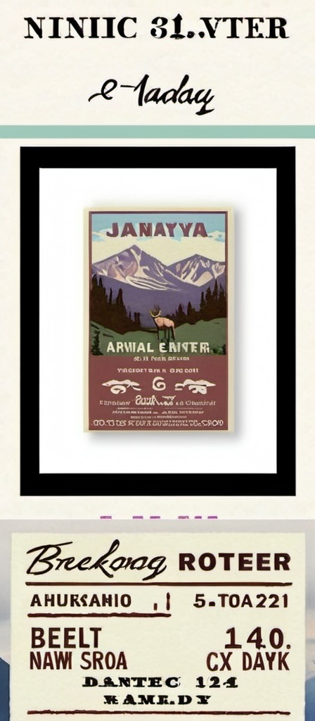 Prompt: Create a 5x7 inch wedding invitation that is inspired by vintage national park posters. Include mountains and elk silhouettes. Make it white blue green brown based color palette. Our names are Erica & Jay. Our date is Friday Sept 12 2025. Our venue is Breckenridge Nordic Center in Breckenridge Colorado. 