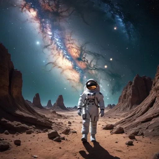 Prompt: Thanks to fantastic technologies, the astronaut left the boundaries of the Milky Way, found himself in intergalactic space and saw other galaxies with living eyes for the first time.
I don't have the means to imagine such a situation. It must have looked really cool. Show me what intergalactic space would look like from a first-person perspective in your mind.
