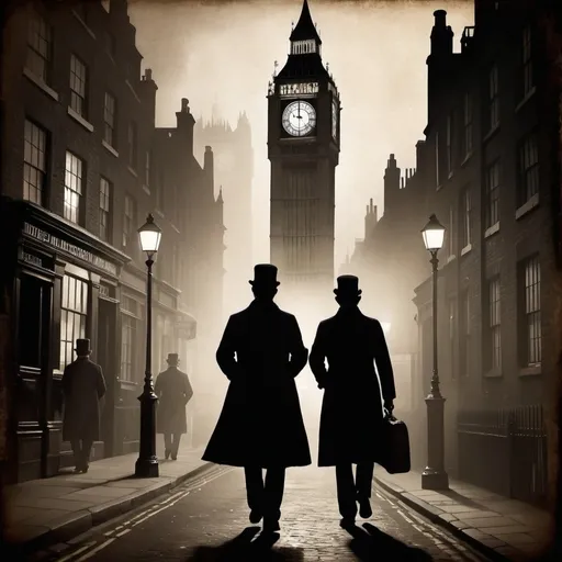 Prompt: Create a vintage-style poster featuring two silhouetted figures of Sherlock Holmes and Dr John Watson from behind capturing the essence of the Victorian era at night walking through busy victorian london. The poster should evoke mystery, intrigue, at night in busy victorian london

Sherlock Holmes and dr Watson:

Depict Sherlock Holmes in silhouette his classic attire: a deerstalker hat, an Inverness cape, and a pipe.

Consider including a magnifying glass or a notebook as additional elements.

Dr. John Watson:

Depict Watson in silhouette as a solid, dependable figure, slightly behind Holmes.
Dress him in typical Victorian clothing: a bowler hat, a suit, and a mustache.
Setting:

The background should feature elements of Victorian London at night: gaslit streets, the iconic silhouette of Big Ben, and foggy alleys.
Include the famous 221B Baker Street door as a central or side element.
Atmosphere:

Use a color palette of dark sepia tones and muted colors to evoke a vintage, old-world feel.
Add shadows and fog to enhance the mysterious ambiance.
Text:



Consider incorporating a collage of iconic symbols: a violin, a pocket watch, a handwritten letter, or a map of London.
Add a subtle pattern or texture to the background to give it an antique poster look.
Overall Mood:

A sense of mystery and intellect.
Nostalgic and vintage, with a focus on the classic detective era.
Intriguing and inviting, prompting viewers to delve into the world of Sherlock Holmes.



