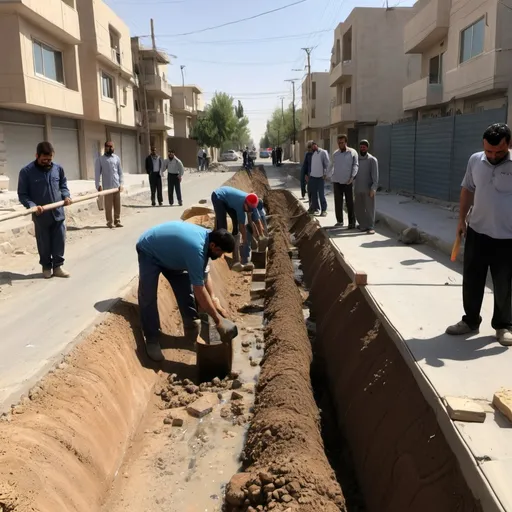 Prompt: Iranian workers are digging the street water pipe in Ponk neighborhood