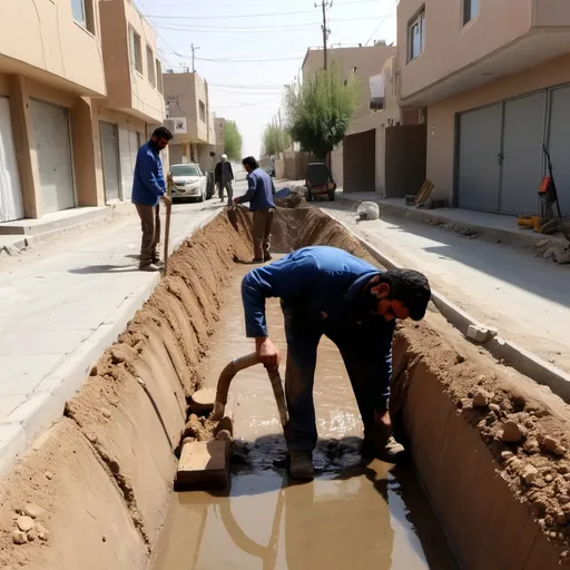 Prompt: Iranian workers are digging the street water pipe in Ponk neighborhood