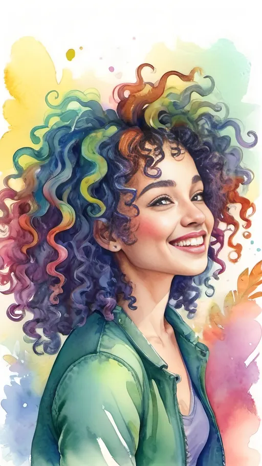 Prompt: Mo illustration in watercolor, vibrant colors, whimsical style, curly hair, joyful expression, nature background, high quality, watercolor, vibrant, whimsical, joyful, curly hair, nature, detailed, colorful, atmospheric lighting