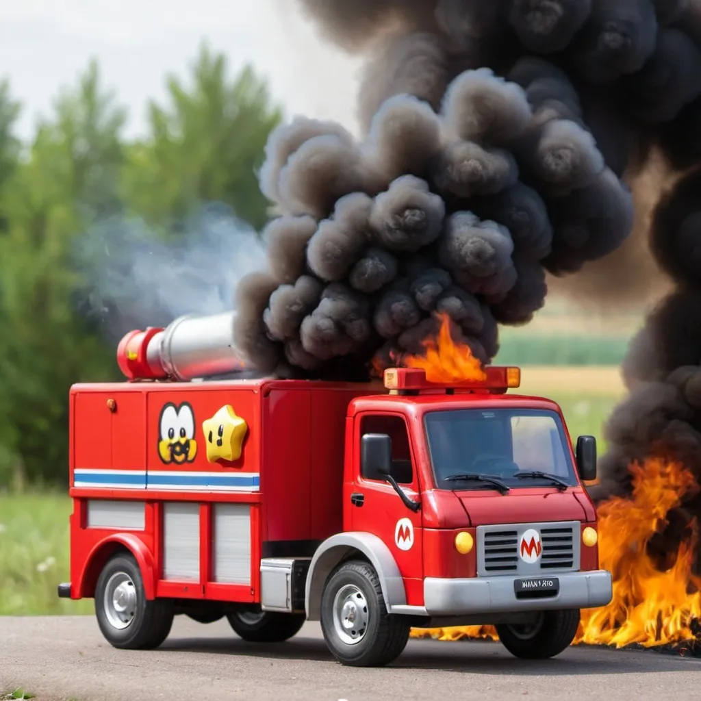 Prompt: mario bross camion de pompier et ferme en feu.

