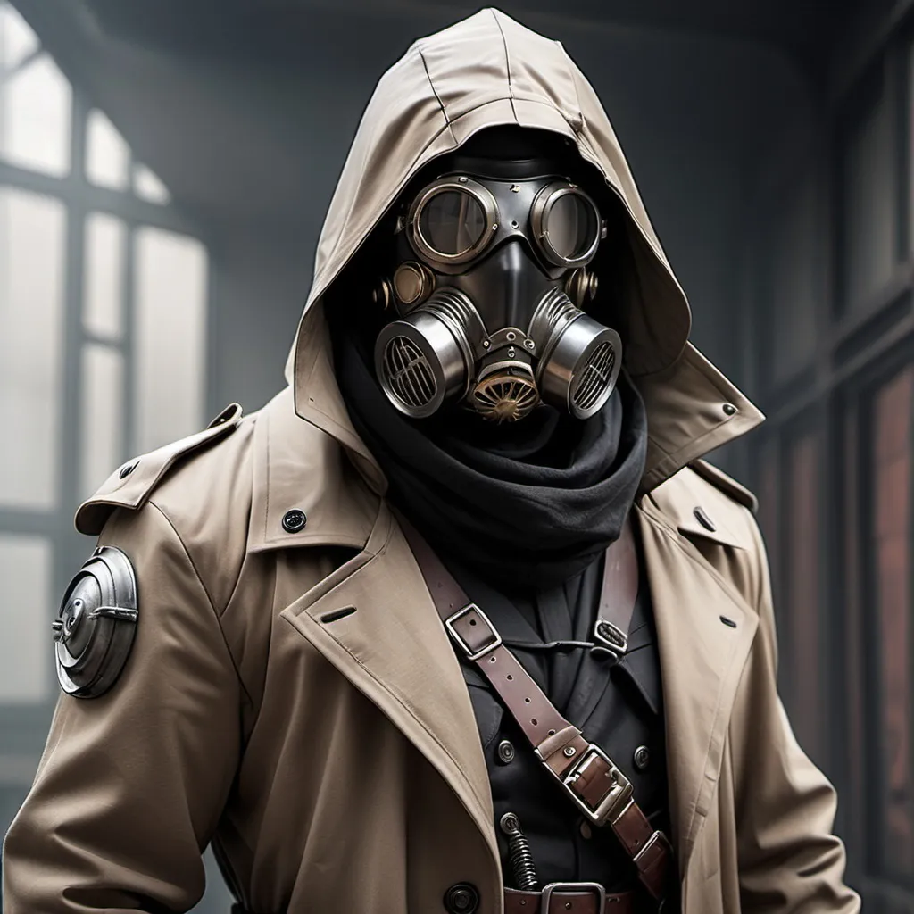 Prompt: Dieselpunk bountyhunter with trench coat and power armor with face mask helmet and black hood