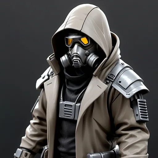 Prompt: Sci-fi bountyhunter with trench coat and power armor with face mask helmet and black hood