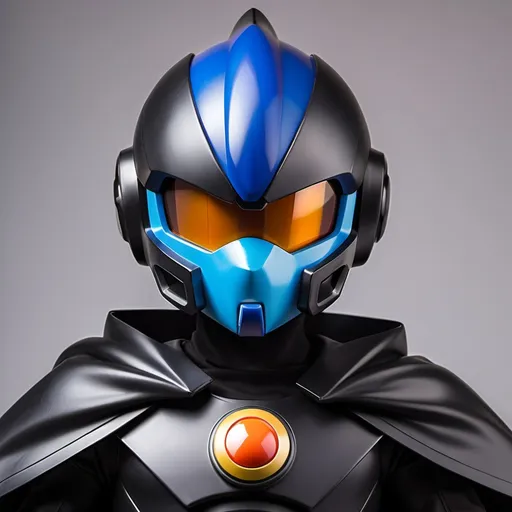 Prompt: Sci-fi anime dark Megaman zero Knight with black shoulder cape and face mask helmet 