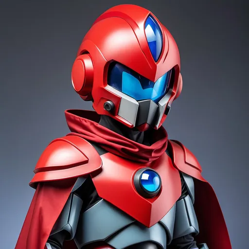 Prompt: Sci-fi anime dark Megaman Knight with crimson shoulder cape and face mask helmet 