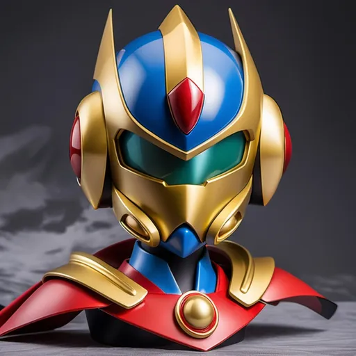 Prompt: Sci-fi anime dark Megaman zero Knight with gold shoulder cape and face mask helmet 