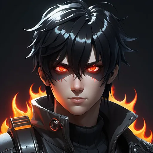 Prompt: Biopunk protagonist with black hair and crimson eyes that glow with a flame blazing from the sides