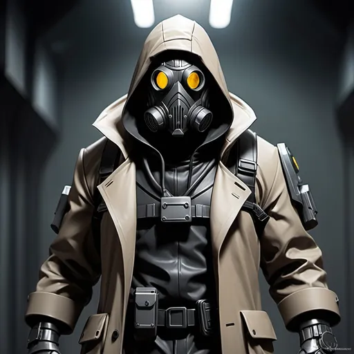 Prompt: Sci-fi bountyhunter with trench coat and power armor with face mask helmet and black hood