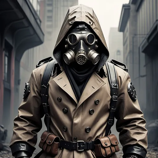 Prompt: Dieselpunk bountyhunter with trench coat and power armor with face mask helmet and black hood