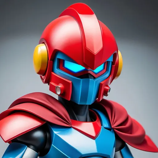 Prompt: Sci-fi Megaman Knight with crimson shoulder cape and face mask helmet 