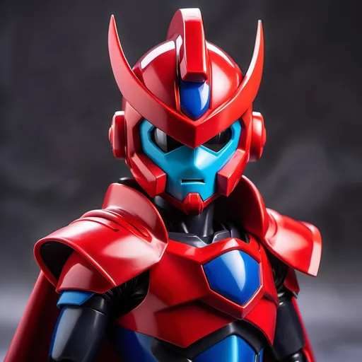 Prompt: Sci-fi anime dark Megaman zero Knight with crimson shoulder cape and face mask helmet 