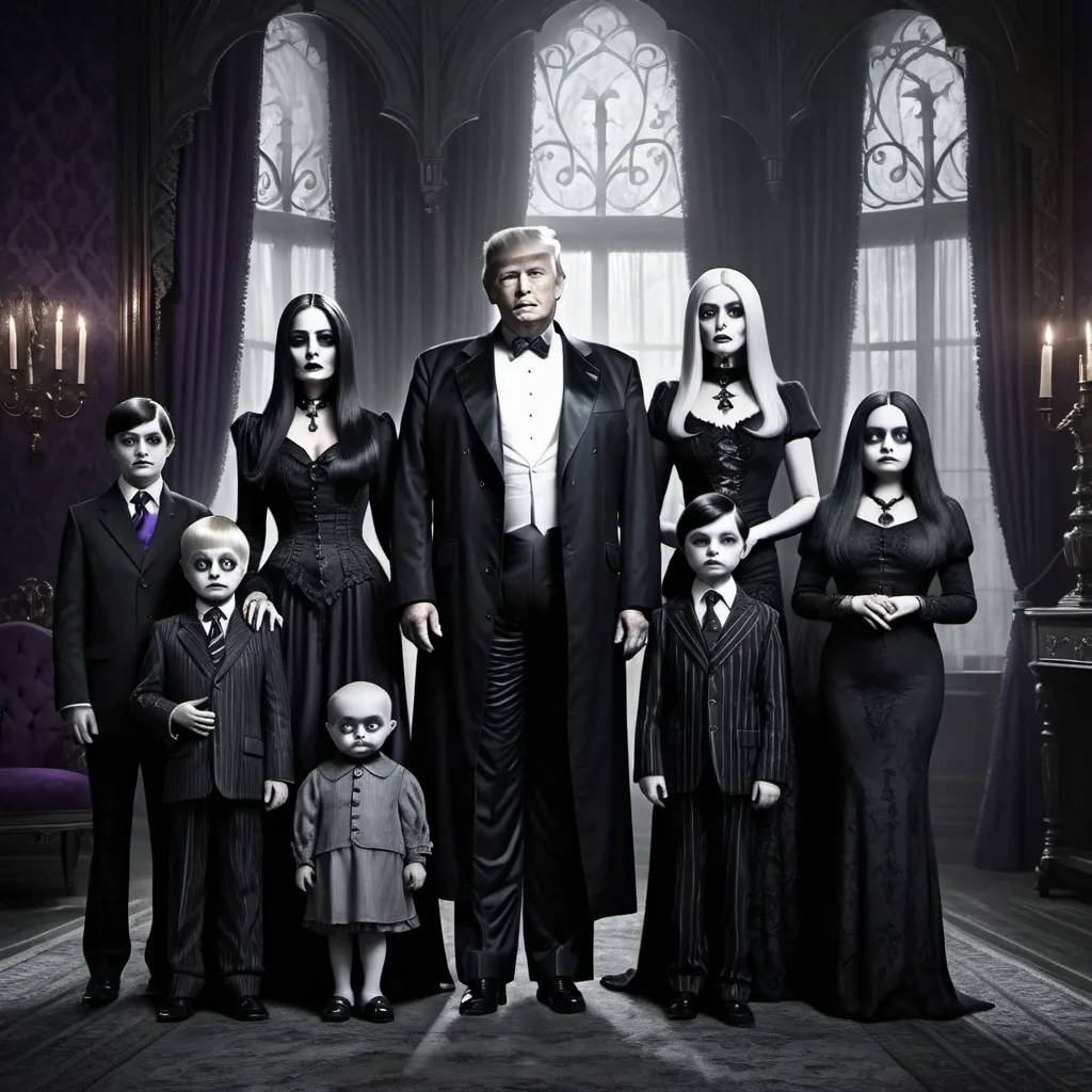 Prompt: Trump family as the Addams Family movie poster, eerie gothic atmosphere, Victorian-inspired clothes, dark shadows, moody lighting, black and gray tones with touches of deep purple, creepy yet elegant, gothic mansion background, emphasis on intricate details, sharp contrasting highlights, somber expressions, photorealistic, ultra-detailed, cinematic masterpiece, high resolution, award-winning poster design, dramatic composition, high depth, 4K quality.