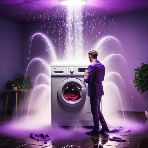 Prompt: Man marries a washing Machine, in Love with washing Machine, heavy Rain in the background, Violet flares, Vibrant fantasy