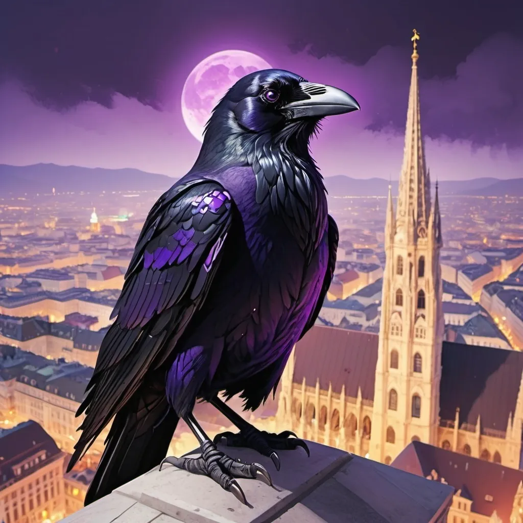 Prompt: Raven with Violet eyes, sitting on the Stephansdom, violet burning City Vienna Symbol on His chest, a bright flash in the Background, GTA Cover art