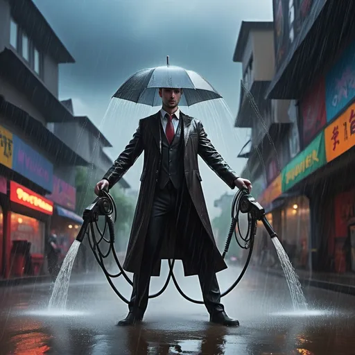 Prompt: Man in Love with wending Machine, wending Machine with whip, heavy Rain in the background, Vibrant fantasy