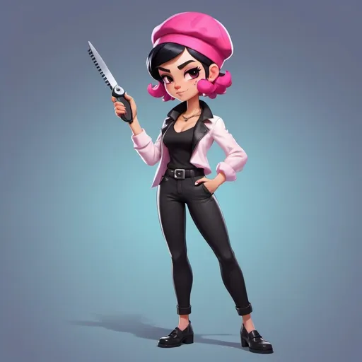 Prompt: Tall girl brawler who is hairdresser. She wears elegant pink scarf,beret,black pants,white blouse,black patent leather shoes. She has elegant short wavy hair. And she carries a scissors. She is a brawl stars brawler. She must to be brawl stars brawler! Make her a lot look like a brawl stars character 
