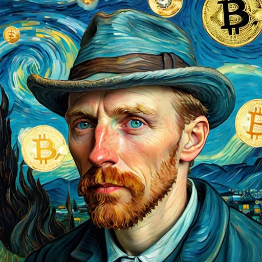 Prompt: Crie um cara com a arte de Van Gogh segurando uma moeda de Bitcoin 