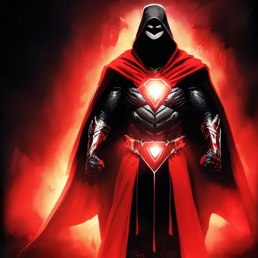 Prompt: Superhero in black and red suit, red eagle on chest, cloak and hood, intense gaze, high-quality illustration, detailed costume, comic book style, dark and dramatic lighting, red eyes, superhero, dramatic, intense, highres, detailed costume, comic book, dark tones, red and black