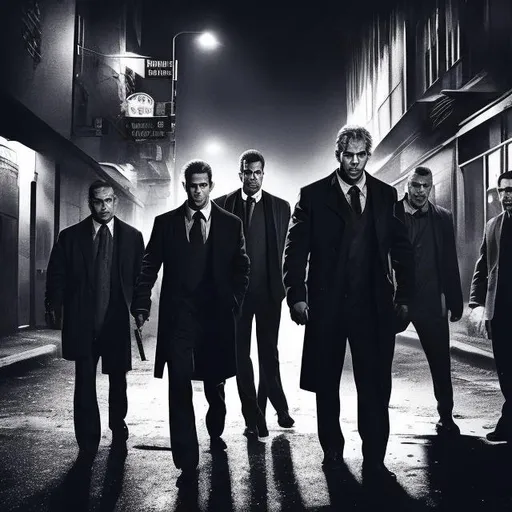 Prompt: Detective Mercer and team arriving at a crime scene, dark and intense atmosphere, red and blue color tones, film noir style, detailed facial expressions, gritty urban setting, dramatic lighting, intense and focused gaze, high-quality, noir, intense lighting, detailed characters, urban setting, dramatic color tones, detective team