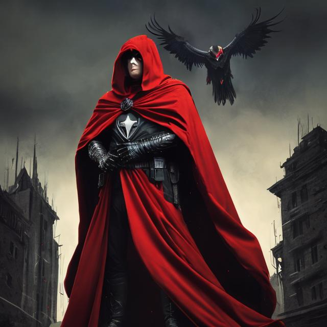 Prompt: Superhero in black and red suit, red eagle on chest, cloak and hood, intense gaze, high-quality illustration, detailed costume, comic book style, dark and dramatic lighting, red eyes, superhero, dramatic, intense, highres, detailed costume, comic book, dark tones, red and black standing on a building with his cloak blowing in the wind