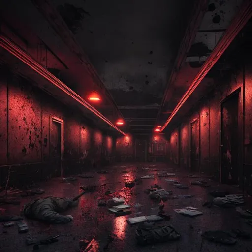 Prompt: Dead guards, scattered dollars, red and black color tones, atmospheric lighting, highres, detailed weapons, intense and dramatic, crime scene, blood spatter, gritty, noir, dark shadows, abandoned bank, ominous atmosphere, thriller, intense focus, professional, realistic rendering, moody lighting