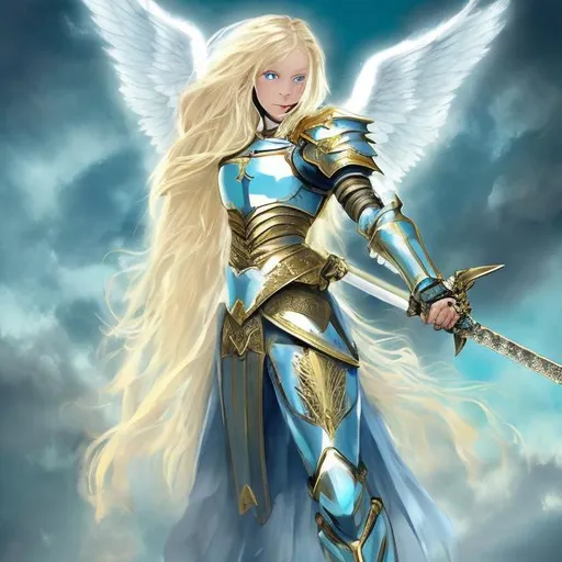 Prompt: Create an image of an Angel  a female with Gold and light blue warrior armour with long blonde hair  and blue eyes with a sword  in the sky bright in colour