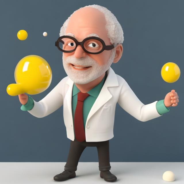 Prompt: Create an image of a professor that has invented a wobbly substance that sticks everything together