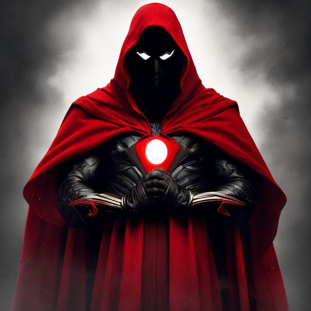 Prompt: Superhero in black and red suit, red eagle on chest, cloak and hood, intense gaze, high-quality illustration, detailed costume, comic book style, dark and dramatic lighting, red eyes, superhero, dramatic, intense, highres, detailed costume, comic book, dark tones, red and black